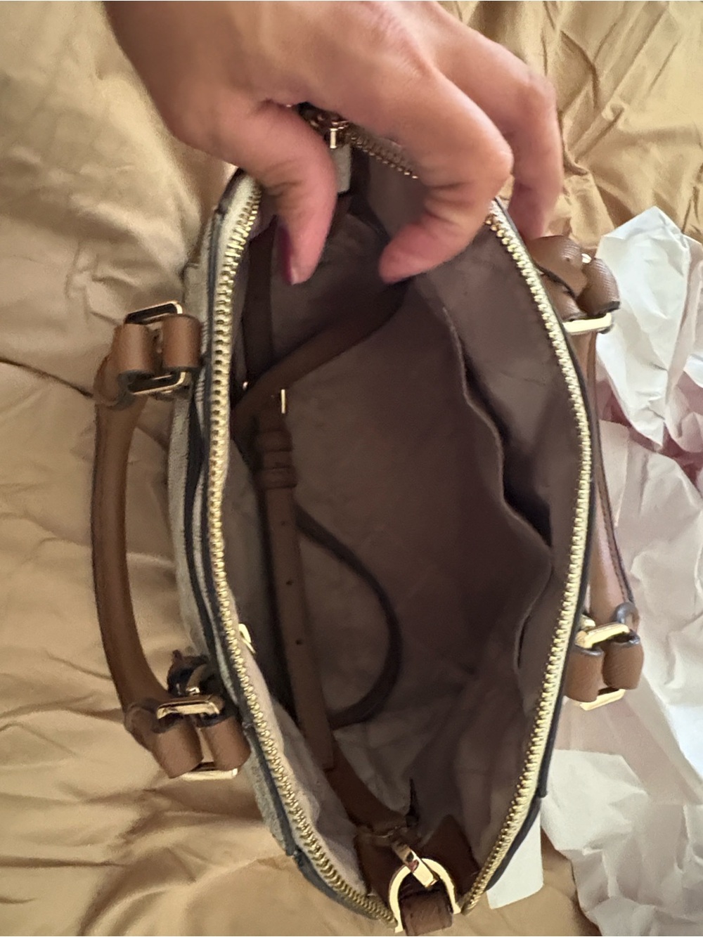 Michael Kors Vanilla & Brown Logo Satchel with Gold Hardware - Picture 2 of 5